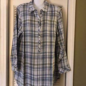 J.Jill Plaid Linen Tunic L New Sage Blue Blouse Top Cuffed Sleeves Spring Light